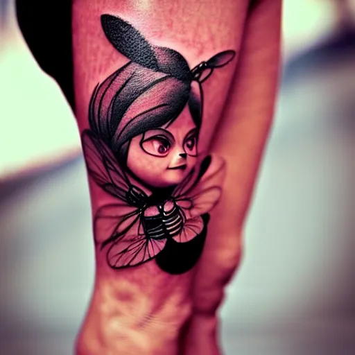 Image similar to detailed tattoos in the style of bee movie on a female leg, crimson - black color scheme, wearing miniskirt, cinematic seductive lighting, beautiful composition