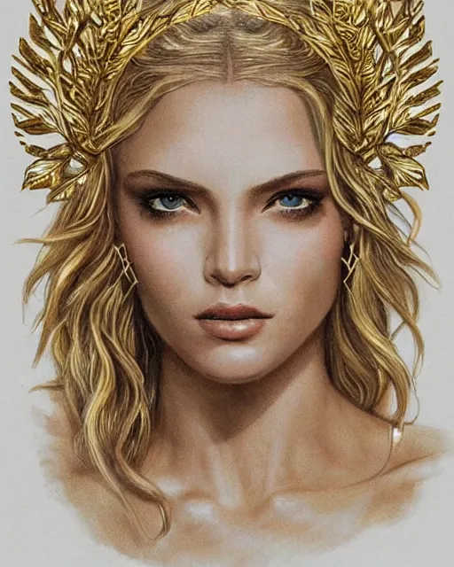 Image similar to tattoo sketch of hot blonde super model as aphrodite greek goddess wearing a gold laurel wreath and triangle earrings, beautiful piercing gaze with sharp pupils, in the style of greg rutkowski, fantasy, amazing detail, epic, elegant, smooth, sharp focus, front view