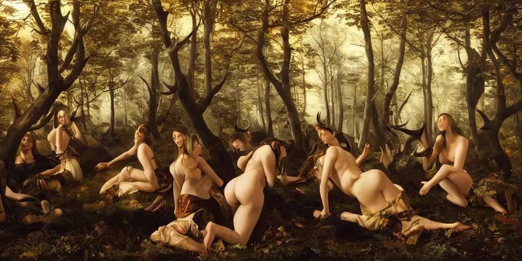 Image similar to beautiful oil matte portrait painting, women with antlers gathering in an ominous forest, wonderful masterpiece highly detailed, beautiful cinematic light deep focus, elegant, digital painting, smooth, sharp focus, golden ratio, dramatic illumination, ultra realistic, 8 k, art by artemisia lomi gentileschi and caravaggio