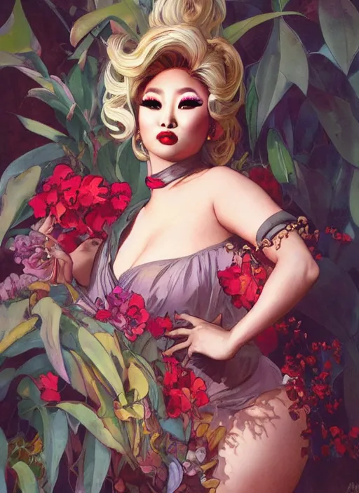 Image similar to kim chi, drag queen, painting by artgerm and greg rutkowski and alphonse mucha