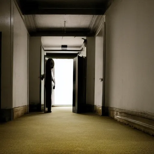 Prompt: Emma Watson lost in the backrooms, old moist carpet, mono-yellow, fluorescent lights, randomly segmented rooms, eerie