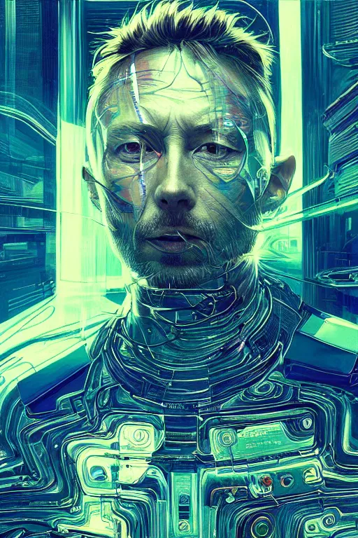 Prompt: A portrait of Thom Yorke as a cyberpunk android, iridescent highlights, surrounded by digital swirls, highly detailed, intricate, soft, sci-fi, sharp focus, subsurface scattering, art by Moebius, Greg Rutkowski, Alphonse Mucha