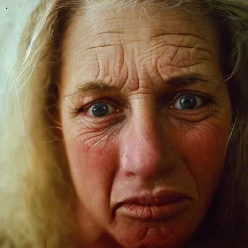 Image similar to a candid extreme closeup portrait of an expressive face of a bored happy woman by annie leibovitz