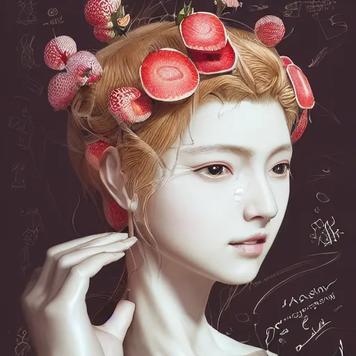 Image similar to the portrait of an absurdly beautiful, graceful, elegant, sophisticated, fashionable young gravure idol made of strawberries and white petals, an ultrafine hyperdetailed illustration by kim jung gi, irakli nadar, intricate linework, bright colors, octopath traveler, final fantasy, unreal engine 5 highly rendered, global illumination, radiant light, detailed and intricate environment