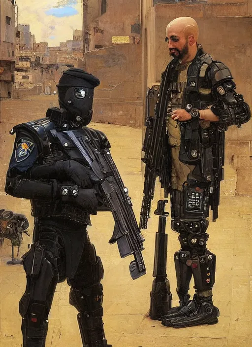 Image similar to Sgt Eliezer Grim. Menacing Cyberpunk policeman carrying machine pistols, wearing a combat vest and towering with robotic stilt legs. (dystopian, police state, Cyberpunk 2077, bladerunner 2049). Iranian orientalist portrait by john william waterhouse and Edwin Longsden Long and Theodore Ralli and Nasreddine Dinet, oil on canvas. Cinematic, vivid colors, hyper realism, realistic proportions, dramatic lighting, high detail 4k