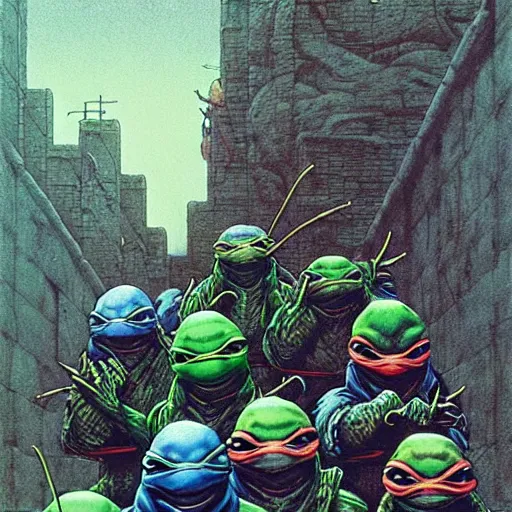 Image similar to ninja turtles by beksinski and tristan eaton, dark neon trimmed beautiful dystopian digital art