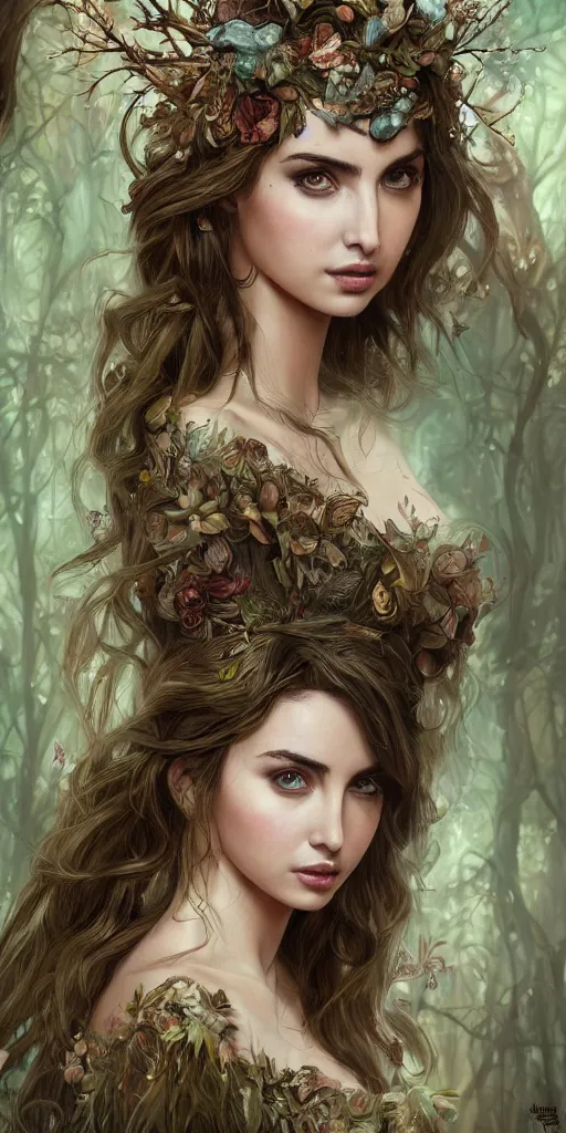 Image similar to ana de armas as a wood fairy, fantasy, intricate, elegant, highly detailed, digital painting, trending on artstation, digital illustration, in the style of Stanley Artgerm