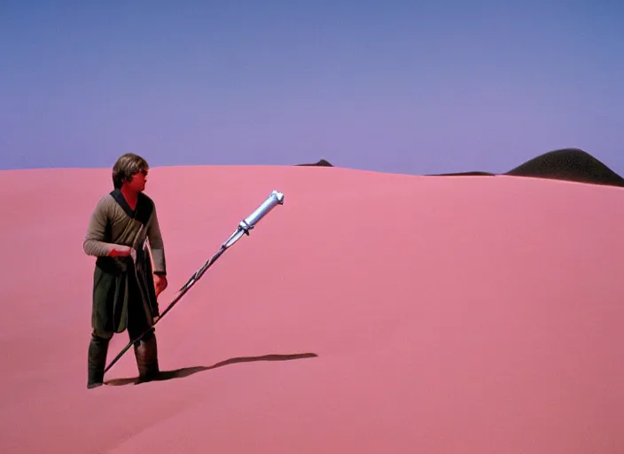 Image similar to detailed protrait photo of Luke skywalker vacuuming sand dunes. a pink dune, screenshot from the 1985 film, Photographed with Leica Summilux-M 24 mm lens, ISO 100, f/8, Portra 400