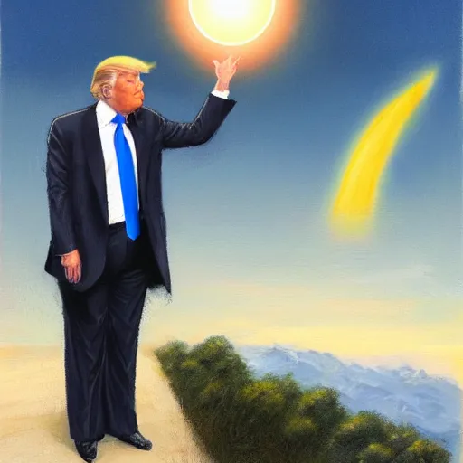 Prompt: donald trump lifting up sunglasses to stare directly at an eclipse, by jon mcnaughton