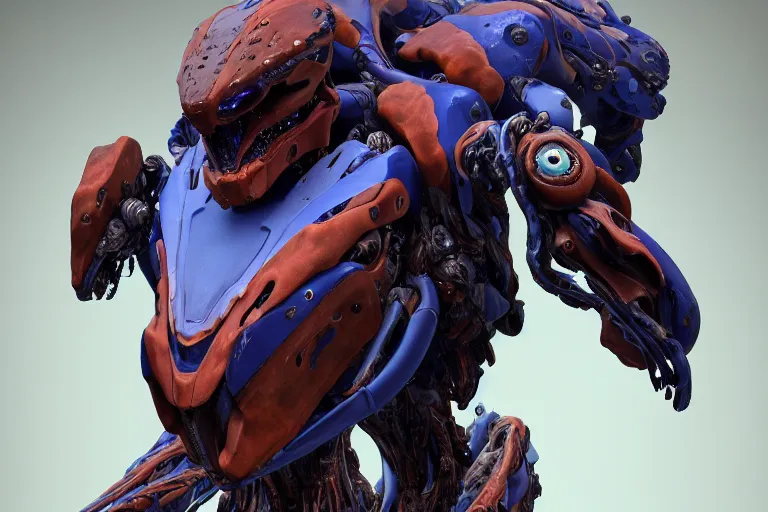 Image similar to portrait of a posed hyper detailed brown and ultramarine leaplasher evangelion realistic mechanical and fleshy organic creature similar look as horizon forbidden west horizon zero dawn bioluminiscence in a dark deep forest at dawn in spring, with reflection and textures, by kilian eng, substance painter reaslitic mech surface metal painted scratches