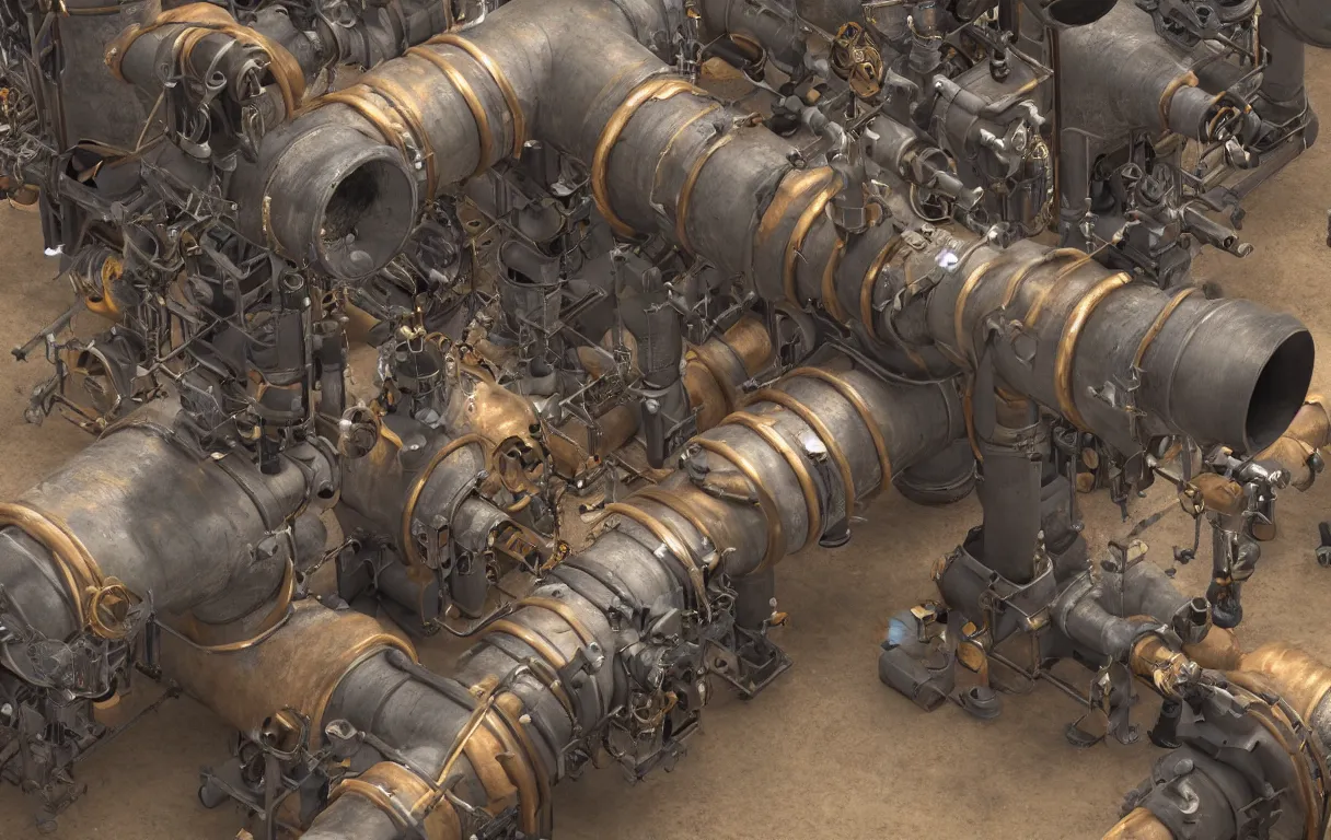 Image similar to realistic 3 d render of a steampunk pipeline with a single pipe going from the top left of the screen, to the top right, down, and going off in the bottom left of the screen