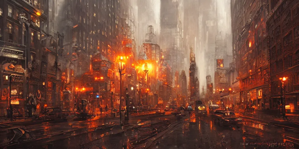 Image similar to steampunk NYC, cinematic lighting, detailed oil painting, hyperrealistic, 8k