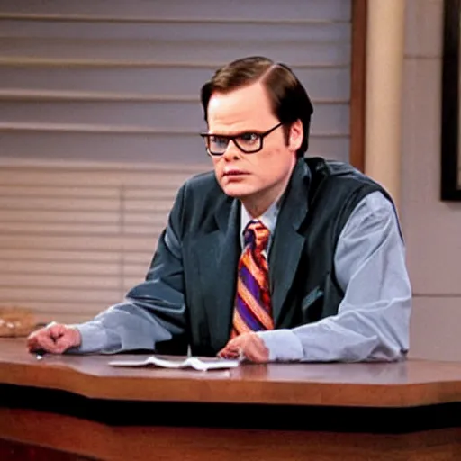 Prompt: dwight schrute pretending to be larry king