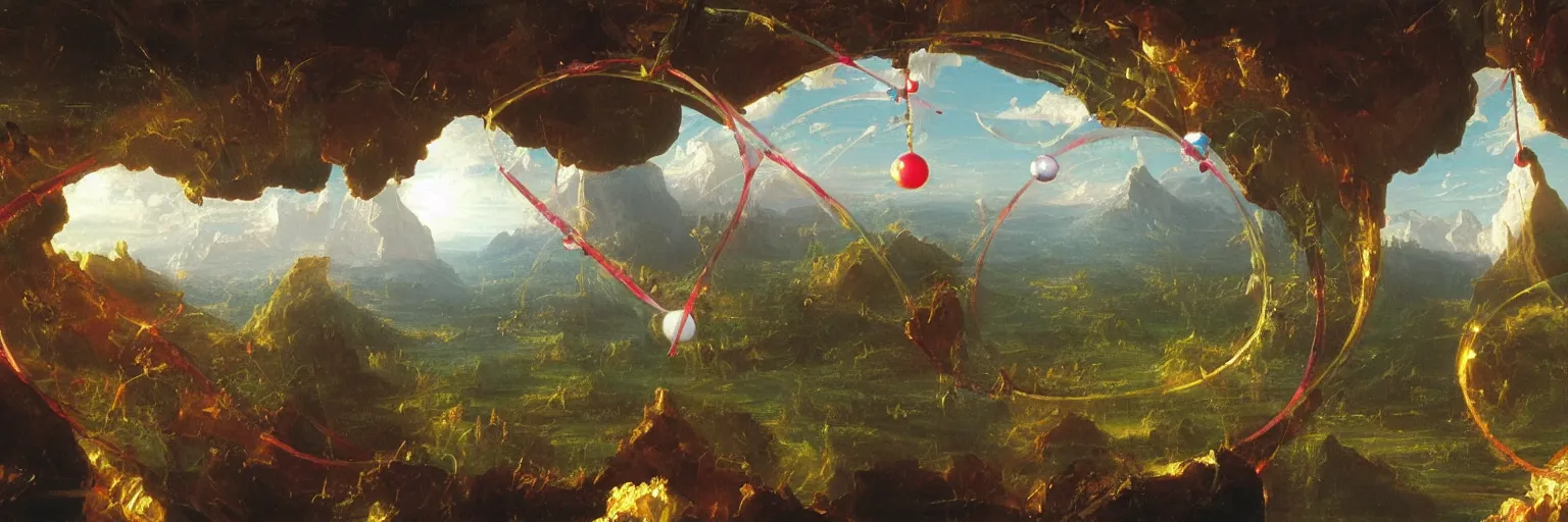 Prompt: a painting by Thomas Cole of several glass spheres suspended midair, alternative reality mirrors, highly detailed 3d rendering from 1996 vibrant extreme colors