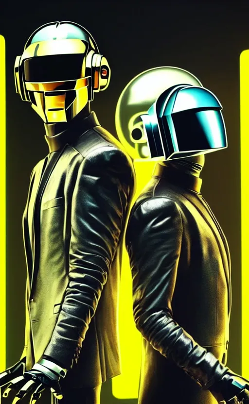 Prompt: portrait of 2 Daft Punk Robots as a character in arabian Cyberpunk 2077, looking at camera, intricate, dystopian, sci-fi, extremely detailed, digital painting, artstation, concept art, smooth, sharp focus, illustration, intimidating lighting, chrome reflexions, incredible art by artgerm and greg rutkowski and alphonse mucha and simon stalenhag