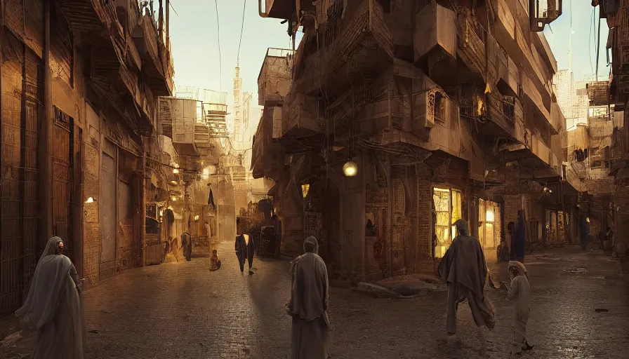 Prompt: old jeddah city alley, roshan, shops, a big magical glowing time portal, a nomad wearing a worn out coat, plants, kids, dramatic lighting fantasy, sci fi, by caspar david friedrich by beeple and james gilleard and justin gerard, centered, artstation, smooth, sharp focus, photoreal octane render, 3 d, by jean baptiste monge