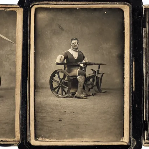 Image similar to Tintype photograph of primitive objects displayed in an ethnographic museum, archive material, anthropology, 1920s studio lighting.