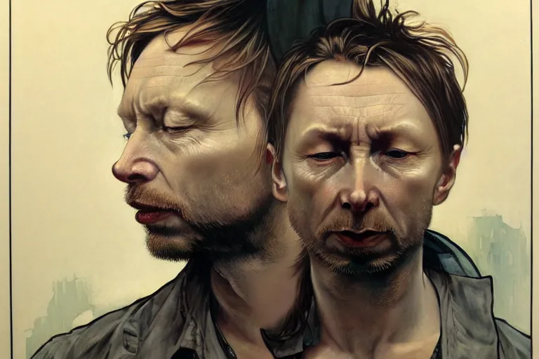Image similar to hyper realistic portrait of thom yorke singer songwriter, side, liminal space, by lee bermejo, alphonse mucha and greg rutkowski, obese head