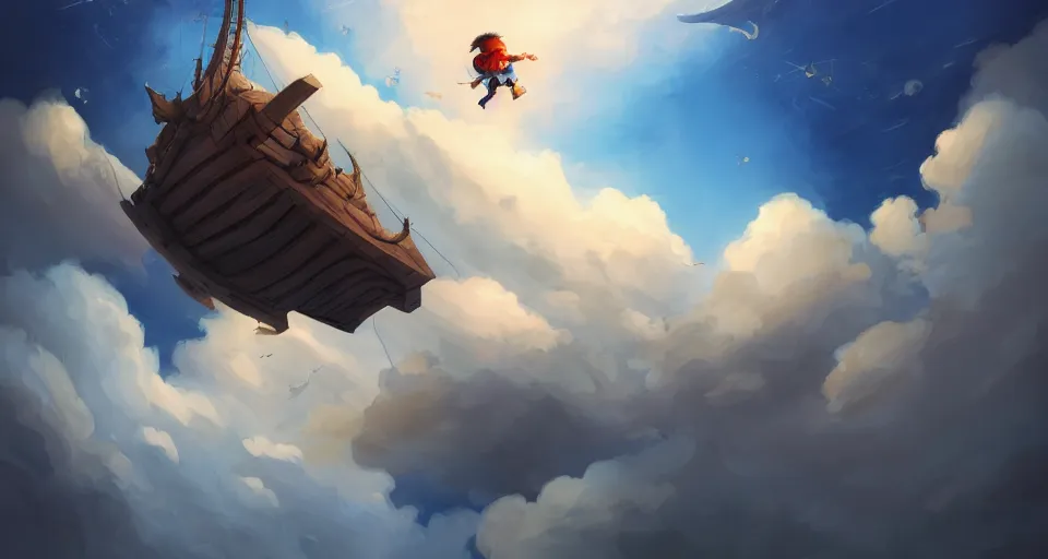 Prompt: a boy being thrown off of a large wooden fantasy sky - ship flying through the clouds with blue sky, andreas rocha style