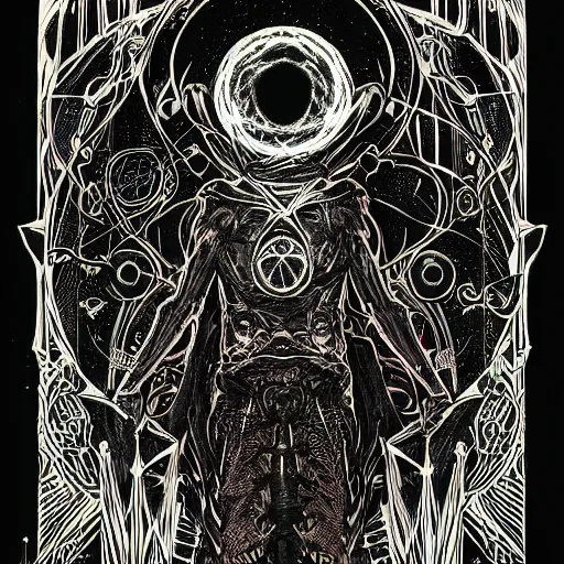 Image similar to black paper + tarot card + eldritch god, vintage detailed sci - fi illustration designed by marc simonetti and mike mignola + psychedelic black light style + intricate ink illustration + symmetry + bloodborne