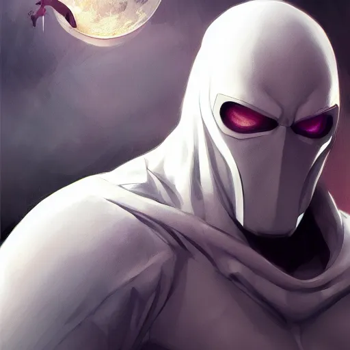 Image similar to portrait of Moon Knight by Stanley Artgerm Lau, WLOP, Rossdraws, James Jean, Andrei Riabovitchev, Marc Simonetti, Yoshitaka Amano, ArtStation, CGSociety,