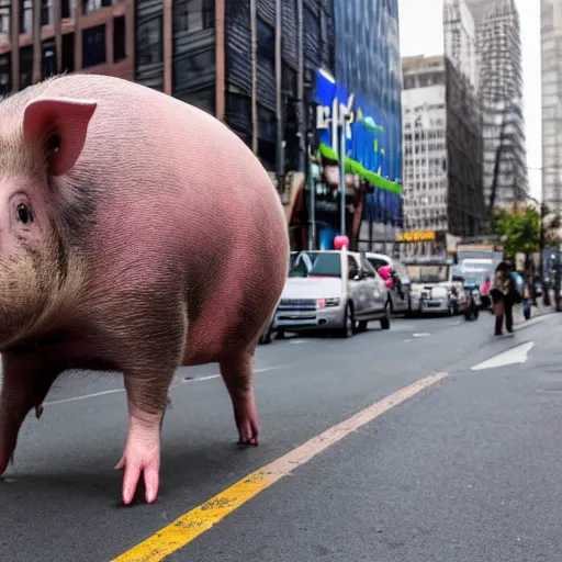 Prompt: award - winning hyperdetailed photograph of an abnormally sized ginormous giant massive scaled up pig walking across a city, 4 k, 8 k, high quality