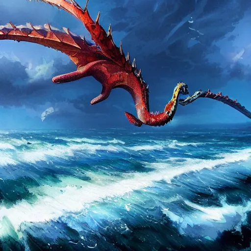 Prompt: highly detailed sea dragon flying above the ocean, colorful, highly detailed, art by greg rutkowski