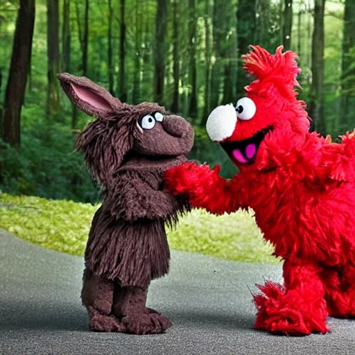 Image similar to a fluffy muppet in the shape of elmo with fluffy soft dark brown fur and with rabbit ears wearing a karate uniform out in nature, photography, photorealistic, muppet, national geohraphic