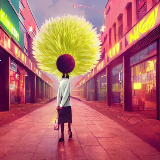 Image similar to giant daisy flower head, woman walking in a modern city, surreal photography, night, neon light, impressionist painting, digital painting, artstation, simon stalenhag