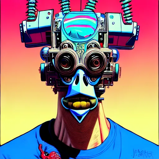 Image similar to portrait painting of a punk chicken - headed cyborg, sharp focus, award - winning, trending on artstation, masterpiece, highly detailed, intricate. art by josan gonzales and moebius and deathburger