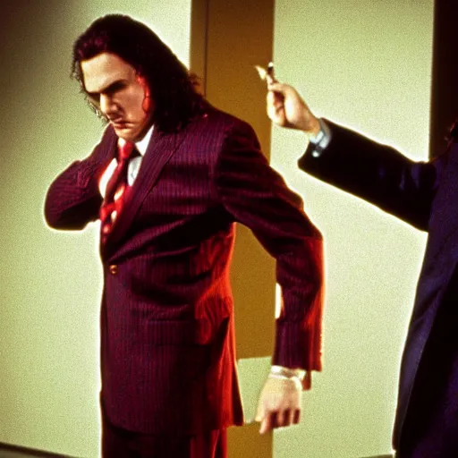 Image similar to Weird 'Al' Yankovic as The American Psycho, cinematic still