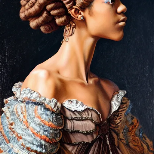 Image similar to painted portrait of zendaya wearing baroque clothing, profile view, extremely detailed, anatomically correct, hd, 8k, high quality, high res