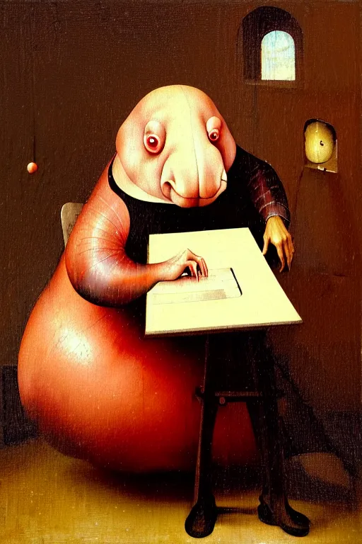 Prompt: hieronymus bosch, greg rutkowski, anna podedworna, painting of small extremely fat white blobfish with bright red hair smiling at a laptop