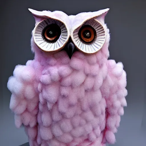 Prompt: symmetrical detailed sculpture of an owl, made of Cotton Candy