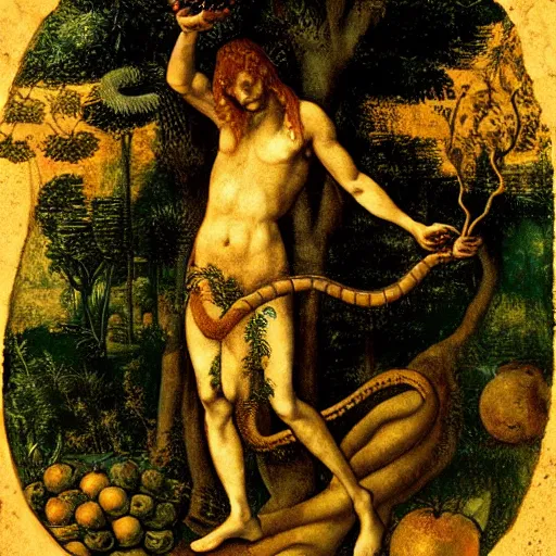 Prompt: the snake in the garden of eden holding a golden apple in its hand, coiled around a tree. painted by leonardo davinci