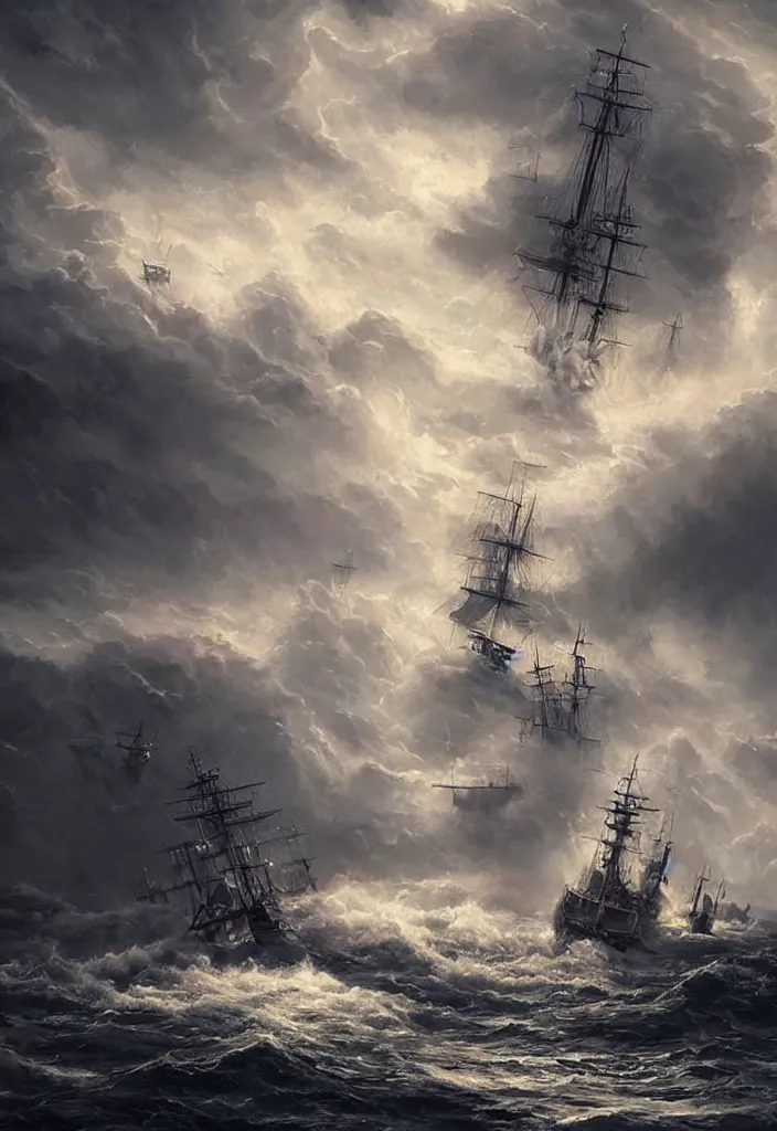 Image similar to ship being persecuted by a police ship over raging turbulent waters, hyper realistic, highly detailed, digital art, apocalyptic, intimidating lighting, raytracing, sharp focus, smooth, romanticism