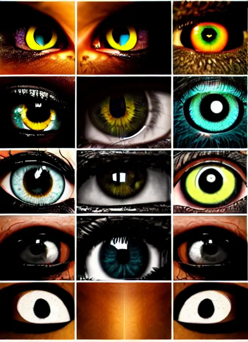 Prompt: grid montage of cube shaped eyes, square shaped black dilated pupils, cube shaped irises, detailed colored textures, square eyelashes, advanced art, art styles mix, from wikipedia, wet reflections in square eyes, sunshine light, hd macro photograph, from side, various eyelid positions, square black pupil centered