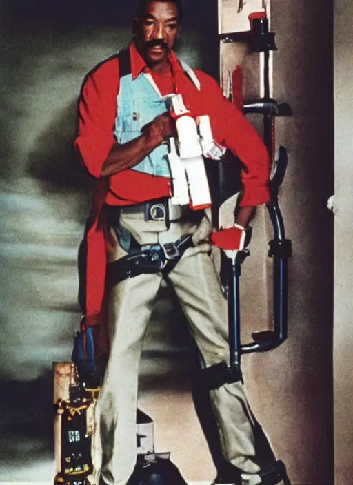 Image similar to an 8 0's john alvin action movie poster starring eddie murphy face as a plumber to rich people. bathroom. overalls. tool belt. the movie is called beverly hills crap