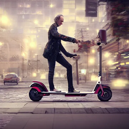 Prompt: Immanuel Kant rides an electric scooter , Kenigsberg , beautiful composition, hyper detailed, insane details, octane render , 8K