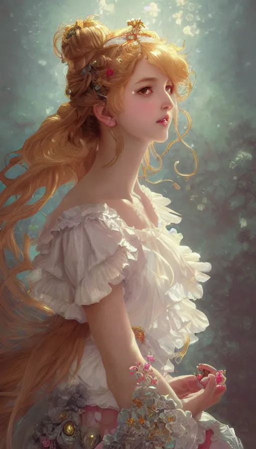 Prompt: portrait of magical lolita girl, dreamy and ethereal, ornate frilly dress, fantasy, intricate, elegant, highly detailed, digital painting, artstation, concept art, smooth, sharp focus, illustration, art by artgerm and greg rutkowski and alphonse mucha