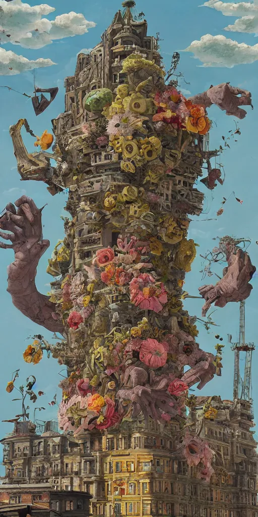 Image similar to colossal grotesque flower in the middle of abandoned early soviet constructivist cityscape, Stalinist architecture, ultradetailed by Hayao Miyazaki and Josan Gonzalez and Makoto Shinkai and Giuseppe Arcimboldo and Wes Anderson