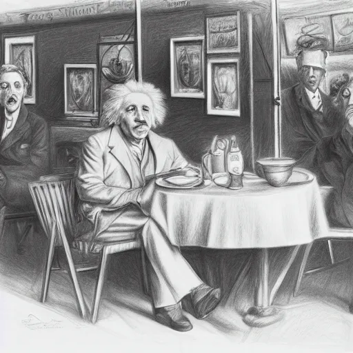 Image similar to Einstein and Tesla sitting at cafe, pencil drawing, ultra detailed