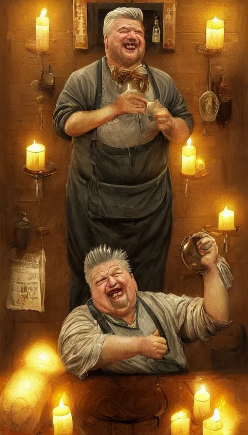 Image similar to david lynch as fat drunk tavern owner, apron, laughing, candles, fame of thrones, warhammer, fibonacci, sweat drops, intricate fashion clothing, insane, intricate, highly detailed, surrealistic, digital painting, artstation, concept art, smooth, sharp focus, illustration, unreal engine 5, 8 k, art by artgerm and greg rutkowski and alphonse mucha