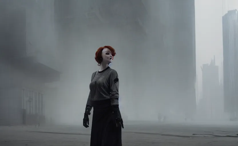 Image similar to cinestill 5 0 d candid photographic portrait by helen levitt of christina hendricks wearing rugged black mesh techwear, modern cyberpunk moody emotional cinematic, white pale concrete city, dust storm, 8 k, hd, high resolution, 3 5 mm, f / 3 2, ultra realistic faces, ex machina