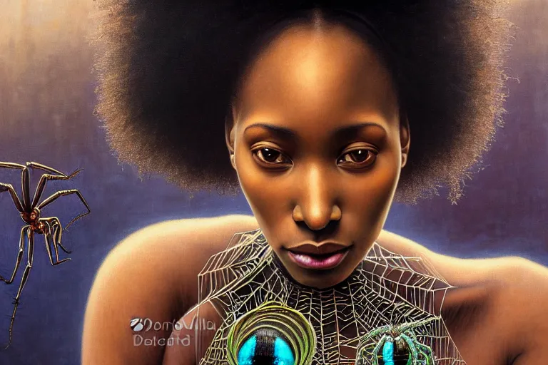 Image similar to realistic detailed closeup portrait movie shot of a beautiful black woman with a giant spider, dystopian city landscape background by denis villeneuve, amano, yves tanguy, alphonse mucha, max ernst, kehinde wiley, ernst haeckel, caravaggio, roger dean, cyber necklace, rich moody colours, sci fi patterns, wide angle