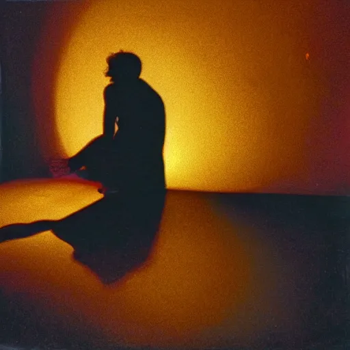 Image similar to a man sitting on the floor in front of a lamp, a surrealist painting by Syd Barrett, cg society, video art, movie still, reimagined by industrial light and magic, pre-raphaelite