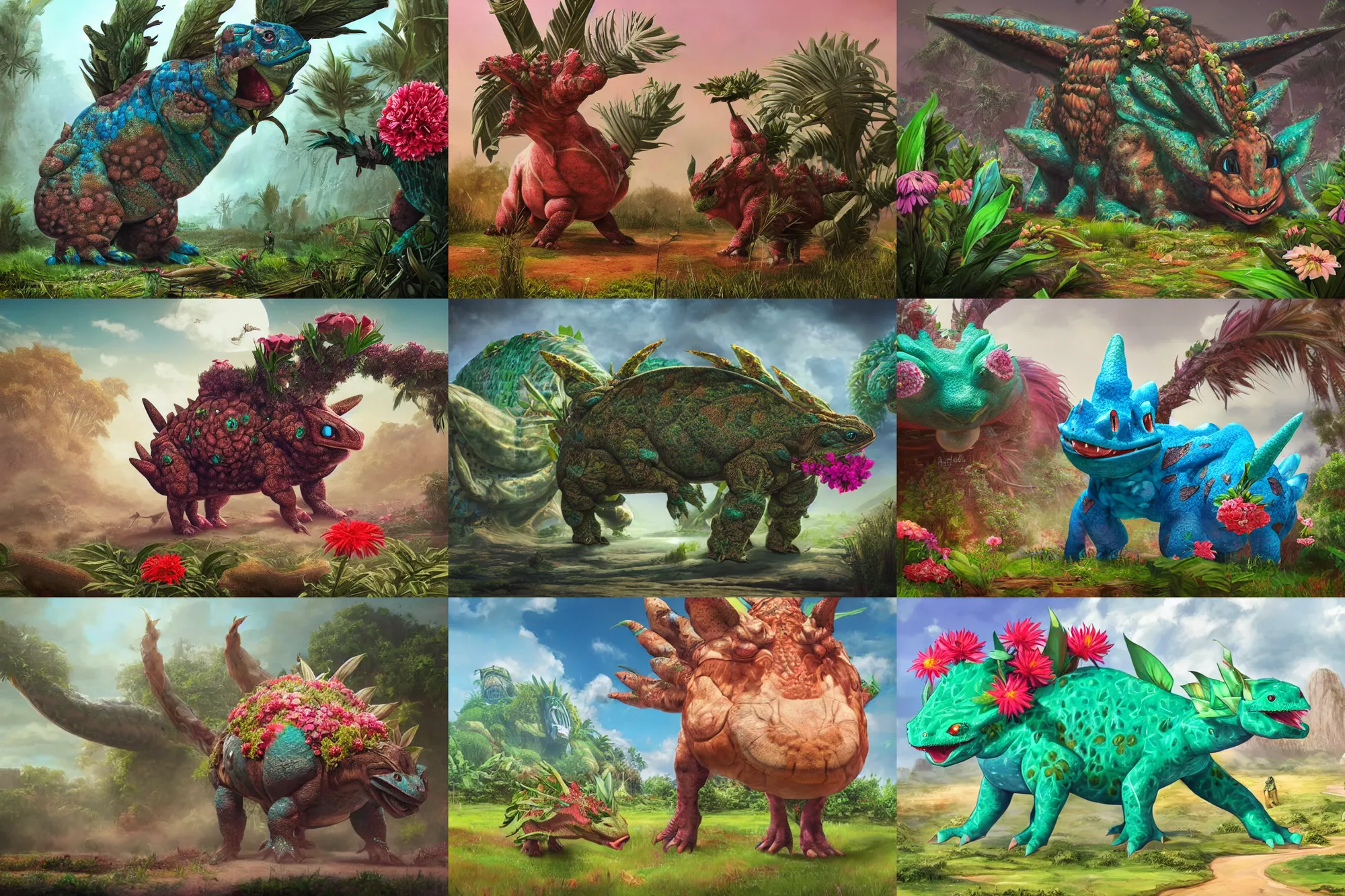 Prompt: highly detailed portrait photo of a huge mûmakil-venusaur with a giant flower on its back, scenic dystopian environment, hyperrealistic Illustration