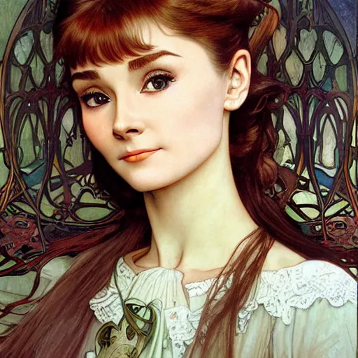 Prompt: realistic detailed face portrait of 14-year old Audrey Hepburn with parted lips and anxious eyes by Alphonse Mucha, Ayami Kojima, Amano, Charlie Bowater, Karol Bak, Greg Hildebrandt, Jean Delville, and Mark Brooks, Art Nouveau, Neo-Gothic, gothic, rich deep colors