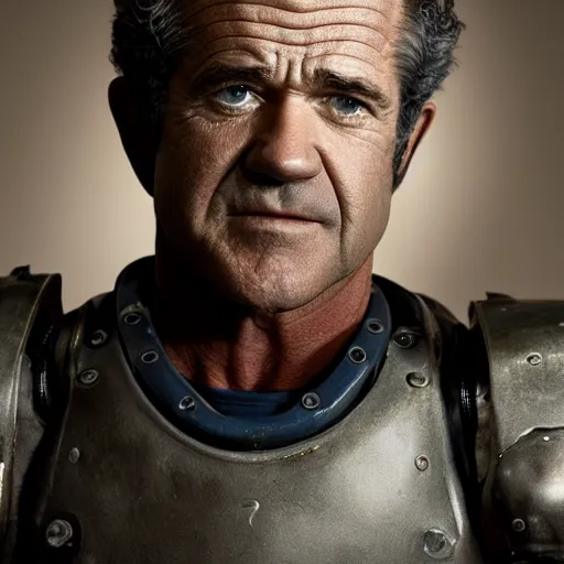 Image similar to professional portrait of Mel Gibson wearing T-51b Power Armor, 8k, dslr, cinematic,