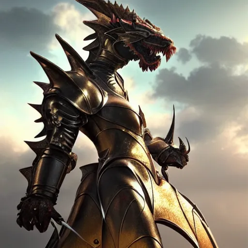 Image similar to stunning cinematic elegant body shot with an upward angle, of a beautiful female knight, but as a hot anthropomorphic female dragon, well designed highly detailed cute female dragon head with slick eyes, looking at the camera with a smirk, well armored, detailed claws, high quality, HD octane render, fantasy, furry art, Artstation, Deviantart, Furaffinity